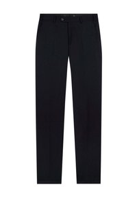 Pantalones negros de tejido suave, con un diseño de pierna recta, dos bolsillos laterales, cierre de botón y un detalle minimalista.
