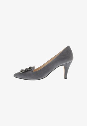Gray suede women's mid-heel pump with pointed toe and decorative silver embellishment on the front.