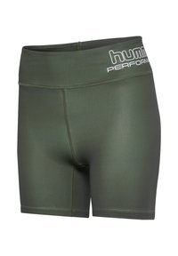 Oliwkowe spodenki sportowe z szerokim pasem, gładką fakturą i kontrastowym białym logo "hummel PERFORMANCE" z przodu.