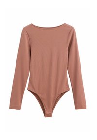 Long-sleeved bodysuit in muted pink ribbed fabric, featuring a scoop neckline and a fitted cut with a thong back.
