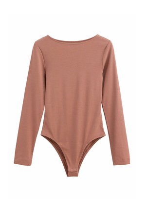Long-sleeved bodysuit in muted pink ribbed fabric, featuring a scoop neckline and a fitted cut with a thong back.