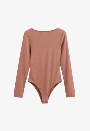 Long-sleeved bodysuit in muted pink ribbed fabric, featuring a scoop neckline and a fitted cut with a thong back.