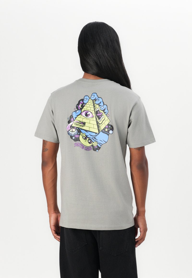 Gray cotton t-shirt featuring a colorful graphic design on the back, depicting a pyramid, eye, and celestial elements. Short sleeves.