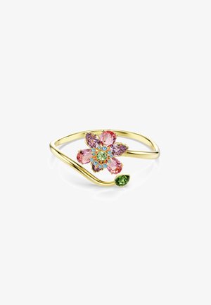 Goldfarbener Ring mit einem Blumendesign, verziert mit pinken, lila und grünen Steinen, abgerundet durch ein grünes Blattdetail am Band.