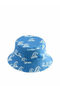 Blaue Baumwollhut mit weißem Wellenmuster. Verfügt über eine gestickte Krempe und eine glatte Textur. Klassische runde Form.