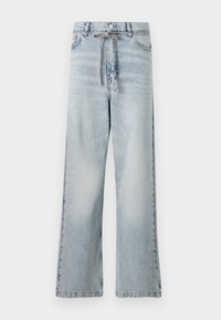 Light blue wide-leg jeans made of denim, featuring a high waist, front pockets, and a drawstring detail at the waist. Distressed texture.