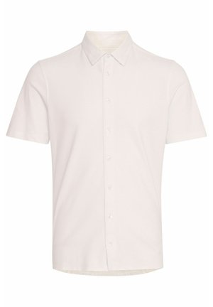 Camicia bianca a maniche corte in tessuto liscio, con colletto a punte e chiusura con bottoni sul davanti. Orlo dritto senza motivi o dettagli visibili.