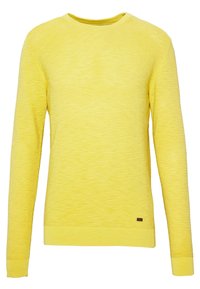 Maglione giallo a maniche lunghe con un motivo testurizzato a coste, scollo a girocollo e polsini aderenti, con un piccolo etichetta del marchio sul fondo.