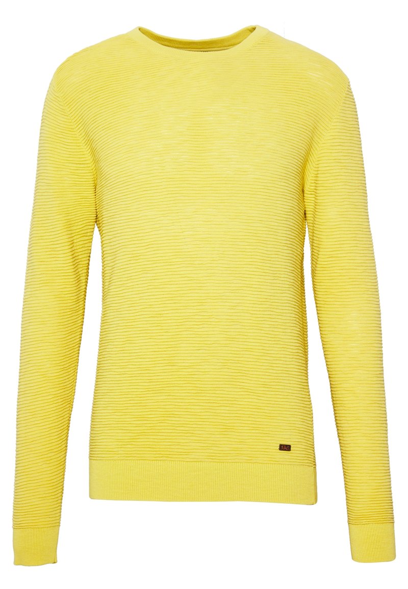Maglione giallo a maniche lunghe con un motivo testurizzato a coste, scollo a girocollo e polsini aderenti, con un piccolo etichetta del marchio sul fondo.
