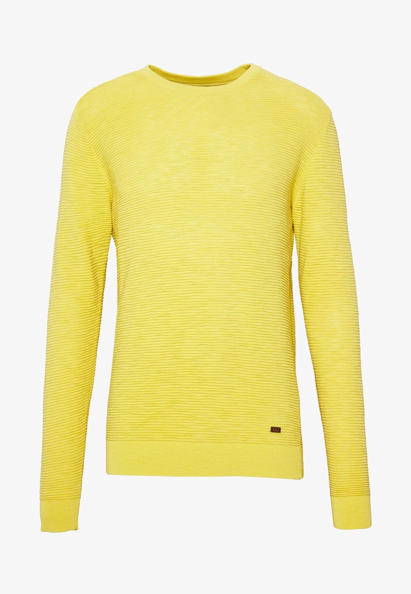Maglione giallo a maniche lunghe con un motivo testurizzato a coste, scollo a girocollo e polsini aderenti, con un piccolo etichetta del marchio sul fondo.