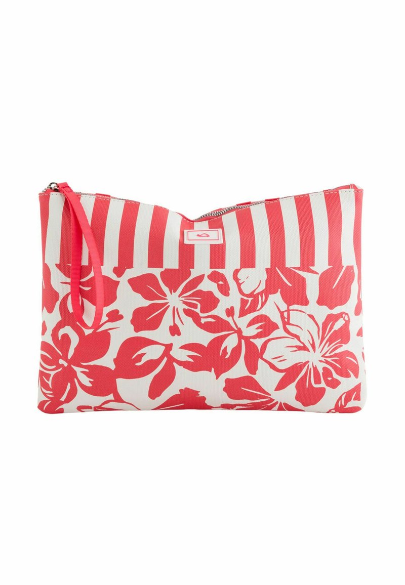 Geantă de mână cu model floral roșu și alb, cu închidere cu fermoar și design în dungi. Dispune de o curea decorativă pentru încheietura mâinii.