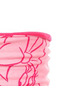 Accessorio tubolare rosa con una superficie morbida e testurizzata e un rivestimento interno in pile. Presenta un motivo rosa marcato su uno sfondo rosa più chiaro.