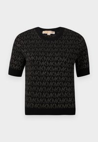 Maglione corto a maniche corte nero caratterizzato da un motivo in maglia texturizzato con accenti metallici. Completato con scollatura rotonda e polsini a costine.