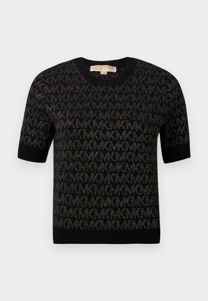 Zwarte trui met korte mouwen, voorzien van een getextureerd breipatroon met metalen accenten. Afgewerkt met een ronde halslijn en geribbelde manchetten.