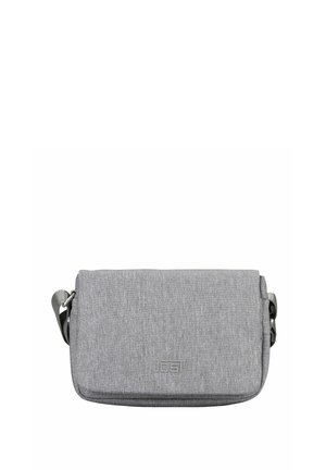Sac bandoulière rectangulaire gris compact avec fermeture à rabat et bandoulière latérale réglable, sans poches visibles ni ornements.