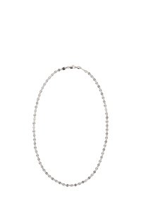 Sølv kædedesign med vekslende cirkulære led og krystalv accents, samt en sikker lukning bagpå.