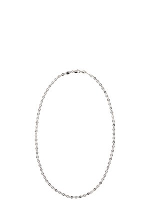 Ezüst láncnyaklánc váltakozó kör alakú gyűrűkkel és kristálydíszekkel, hátsó biztonságos kapoccsal.