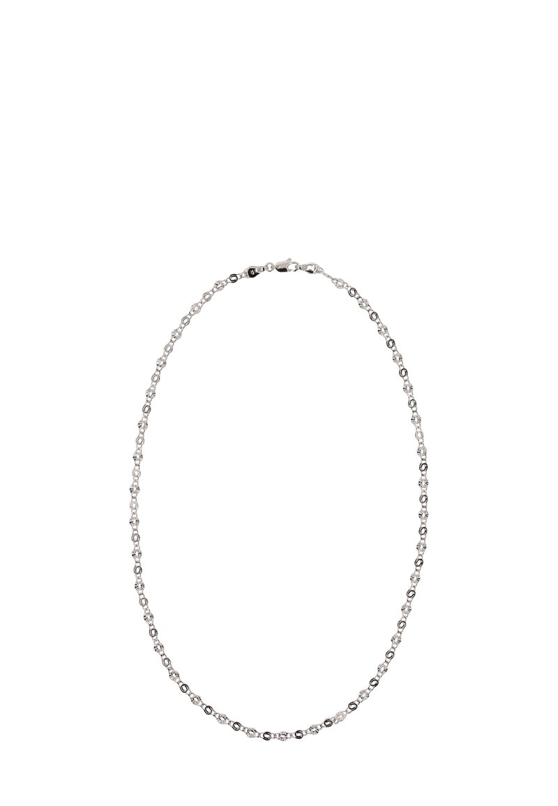 Sølv kædedesign med vekslende cirkulære led og krystalv accents, samt en sikker lukning bagpå.