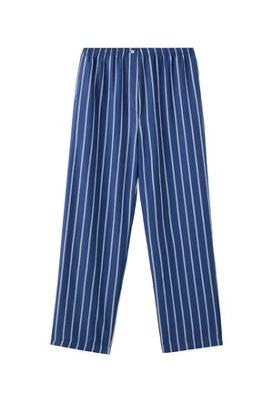 Pantalones de pijama azules con rayas blancas verticales, cintura elástica y un cierre con un solo botón en la parte delantera.