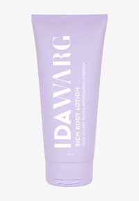 Lavendelrör av IDAWARG Rich Body Lotion, med stor vit text, 200 ml kapacitet och flip-top lock. 100% vegansk formula.