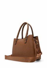Brown textured handbag with dual handles, gold hardware, and detachable shoulder strap featuring a logo. Rectangular shape with rounded edges.