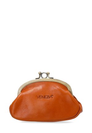 Orange leather coin purse with a rounded silhouette, metal kiss lock closure, and embossed "VENEZIA" logo on the front. Smooth texture.
