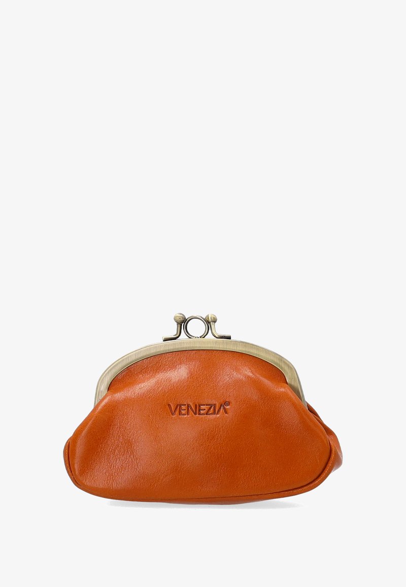 Orangene Leder-Münztasche mit runder Silhouette, metallischem Kussverschluss und geprägtem "VENEZIA"-Logo auf der Vorderseite. Glatte Textur.