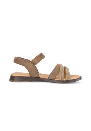 Brown flat sandal with low heel, two glittery front straps, and adjustable back strap on a white background.