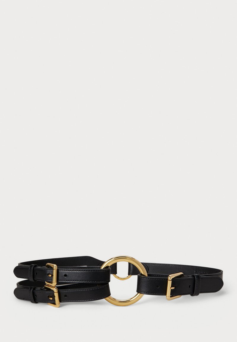 Schwarzer Leder-Doppelstrapgürtel mit goldener runder Schnalle und zwei goldenen Zackenbuckles auf einem weißen Hintergrund.