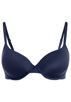Marineblauwe gewatteerde bh met balein, verstelbare bandjes, gladde stof en een kleine strikaccent aan de voorkant.