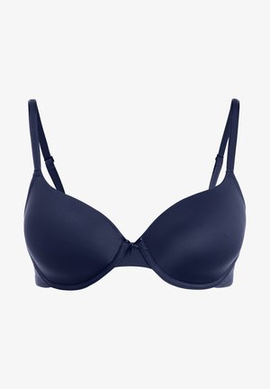 Soutien-gorge rembourré bleu marine avec armatures, bretelles ajustables, tissu lisse et un petit nœud décoratif au centre avant.