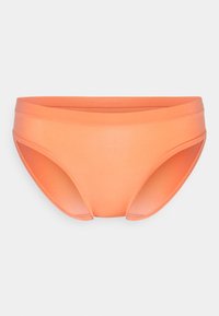 Parte de baixo de bikini laranja com textura suave, pernas alta e cintura elástica. Design simples sem padrões ou acessórios adicionais.