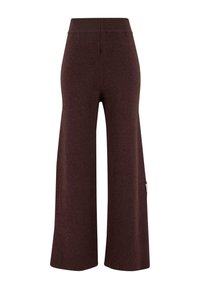 Kalhoty širokého střihu v tmavě burgundské barvě. Vyrobené z texturované pleteniny. Mají elastický pas a jemný detail postranních kapes.