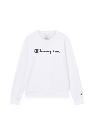 Sweatshirt blanc en mélange de coton, avec un col rond et des manches longues. Logo "Champion" en noir sur le devant.