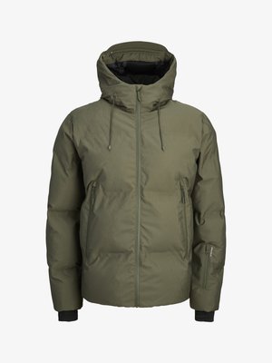 Zelena oblazinjena zimska jakna s kapuco, sprednjo zadrgo, dvema stranskima žepoma z zadrgo in dodatnim majhnim žepom z zadrgo na levem rokavu.