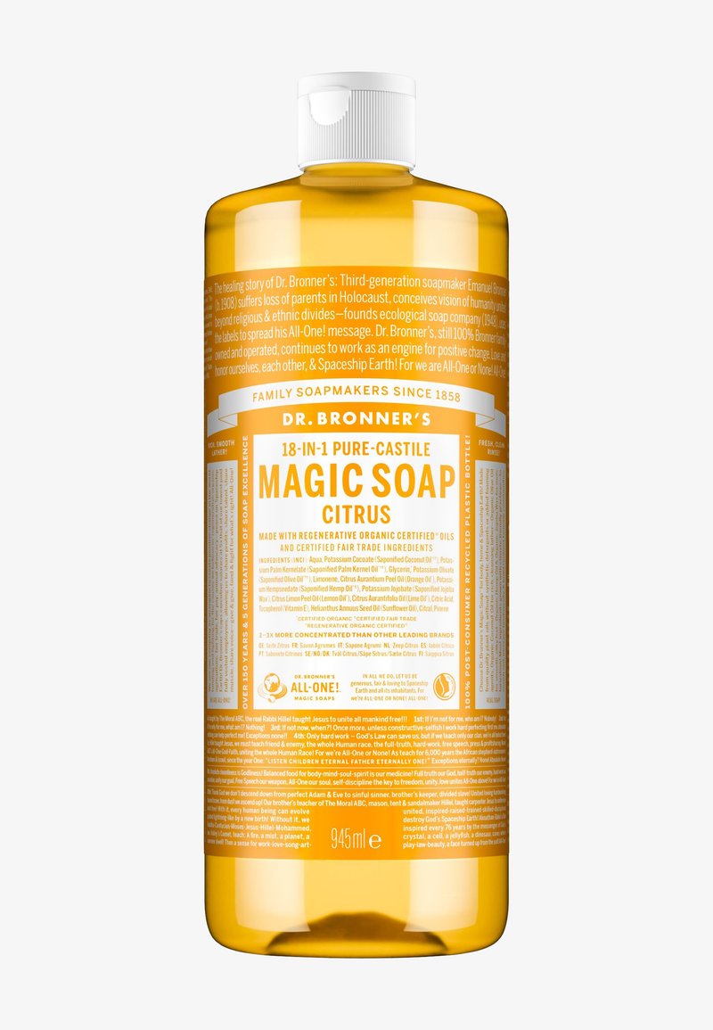 Flacon de savon Citrus Magic Dr. Bronner's 945 ml, formule pure Castille 18-en-1 avec des ingrédients naturels, biologiques et issus du commerce équitable.