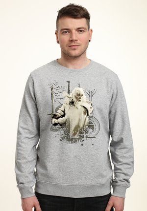 Jeune homme portant un sweat-shirt gris avec un graphisme représentant un sorcier à barbe blanche tenant une épée, entouré de dessins abstraits.