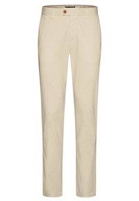 Beige puuvillahousut, joissa on sileä pinta, suora lahje ja yksi napitus. Varustettu kahdella sivutaskulla ja kontrastivärillä varustettu vyötärö.