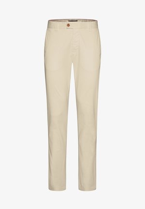 Beige cotton trousers with a smooth texture, straight cut, and a single button closure. Features two side pockets and contrasting waistband.