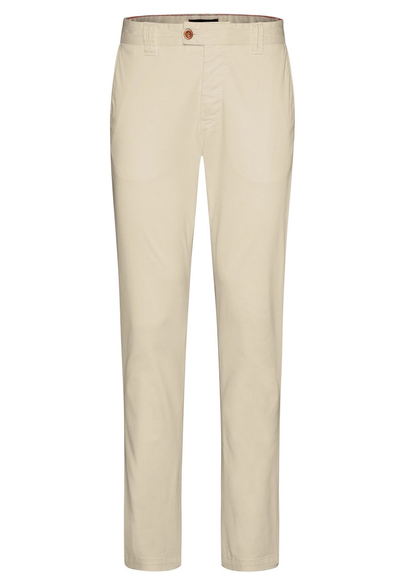 Beige puuvillahousut, joissa on sileä pinta, suora lahje ja yksi napitus. Varustettu kahdella sivutaskulla ja kontrastivärillä varustettu vyötärö.