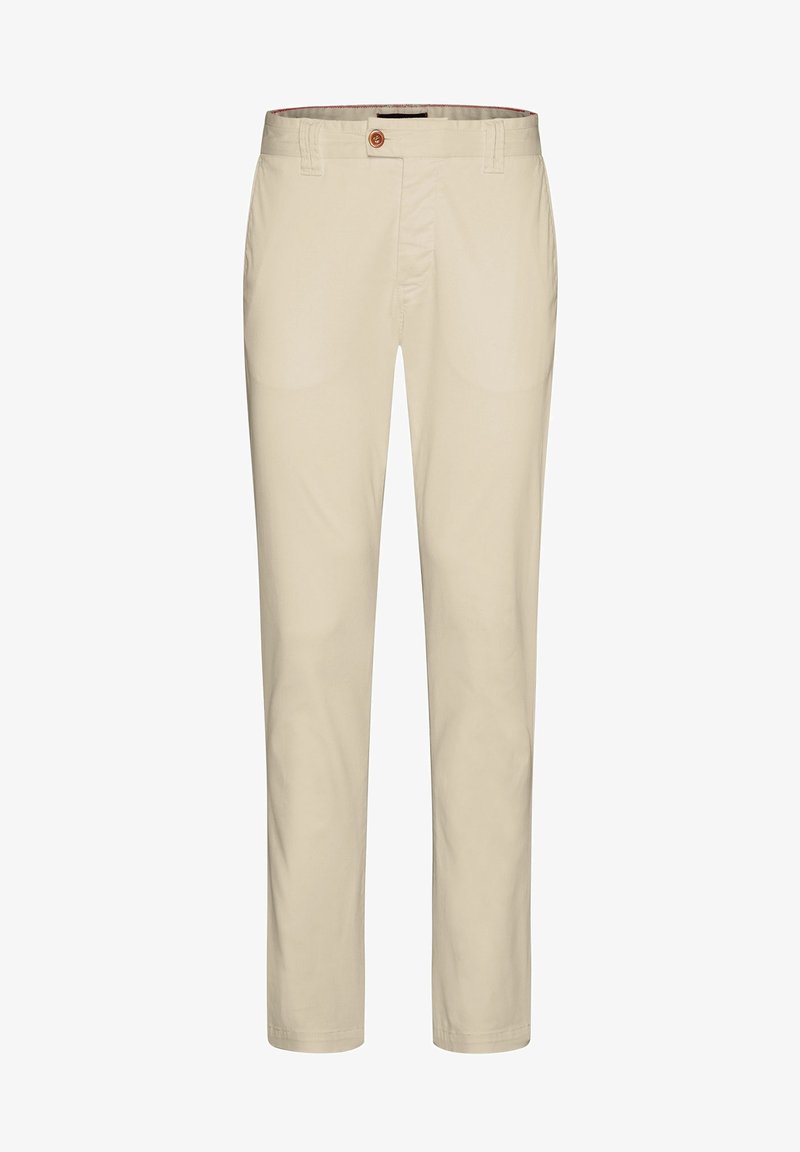 Beige puuvillahousut, joissa on sileä pinta, suora lahje ja yksi napitus. Varustettu kahdella sivutaskulla ja kontrastivärillä varustettu vyötärö.