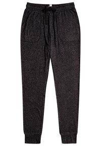 Donkergrijze gemêleerde joggerbroeken met elastische tailleband, zwarte trekkoord, twee voorzakken en omslag aan de enkels.