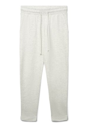 Pantaloni della tuta grigio chiaro con vita elastica, coulisse regolabile, tasche laterali e gambe dritte con orli ripiegati.