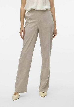 Beige, high-waisted, straight-leg trousers made of a smooth fabric. Features a tailored fit with side pockets and falls to the shoes.