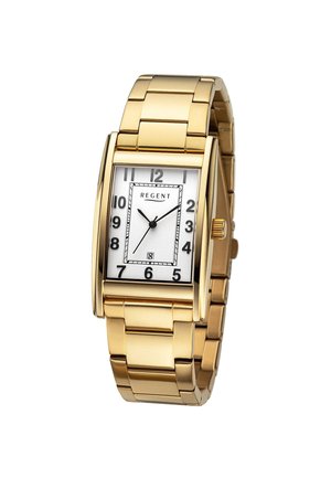 Gold-tone rectangular wristwatch with white dial, black Arabic numerals, three hands, date window at 6 o'clock, and metal link bracelet.