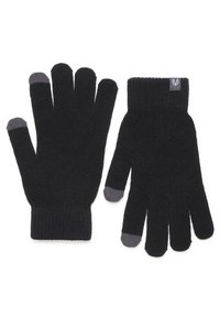 Črne pletene rokavice z sivimi konicami na palcu in kazalcu. Rebrast dizajn zapestja z majhno oznako logotipa na predelu zapestja.