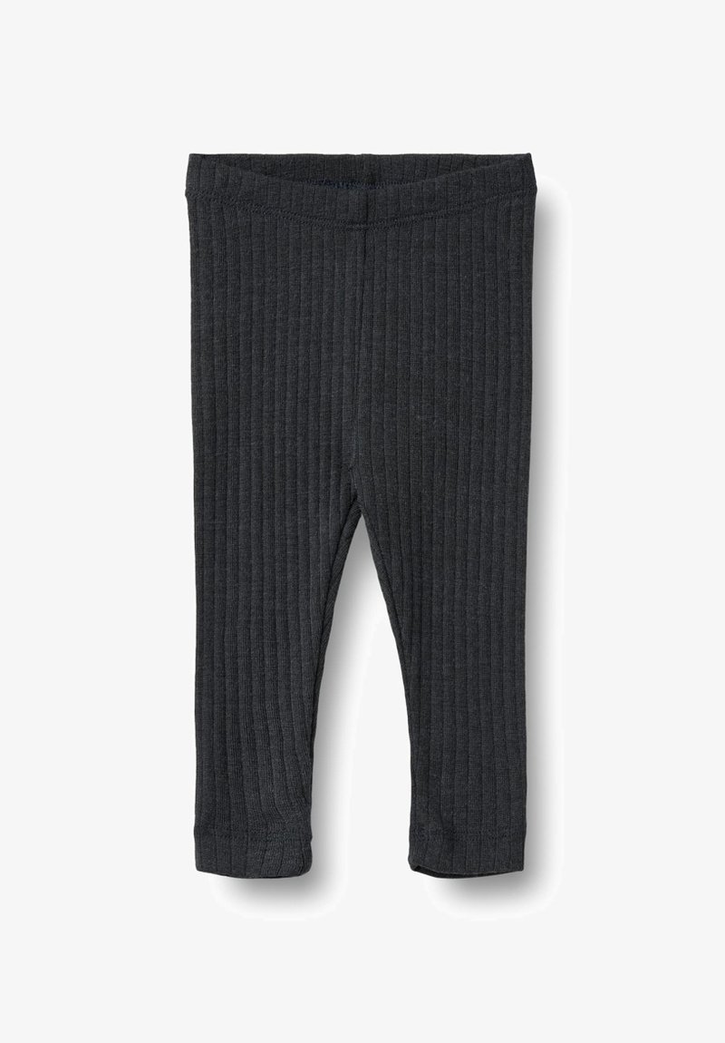 Leggings a coste di colore grigio scuro con una cintura elastica e design alla caviglia. Il tessuto ha una texture morbida e dettagli minimi.