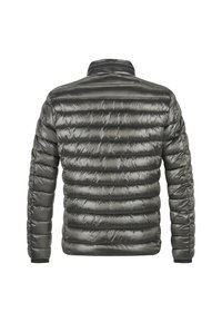Daunenjacke in dunkelgrau, mit gestepptem Design, hohem Kragen und elastischen Bündchen. Glattes, glänzendes Material mit vertikalen Streifen.