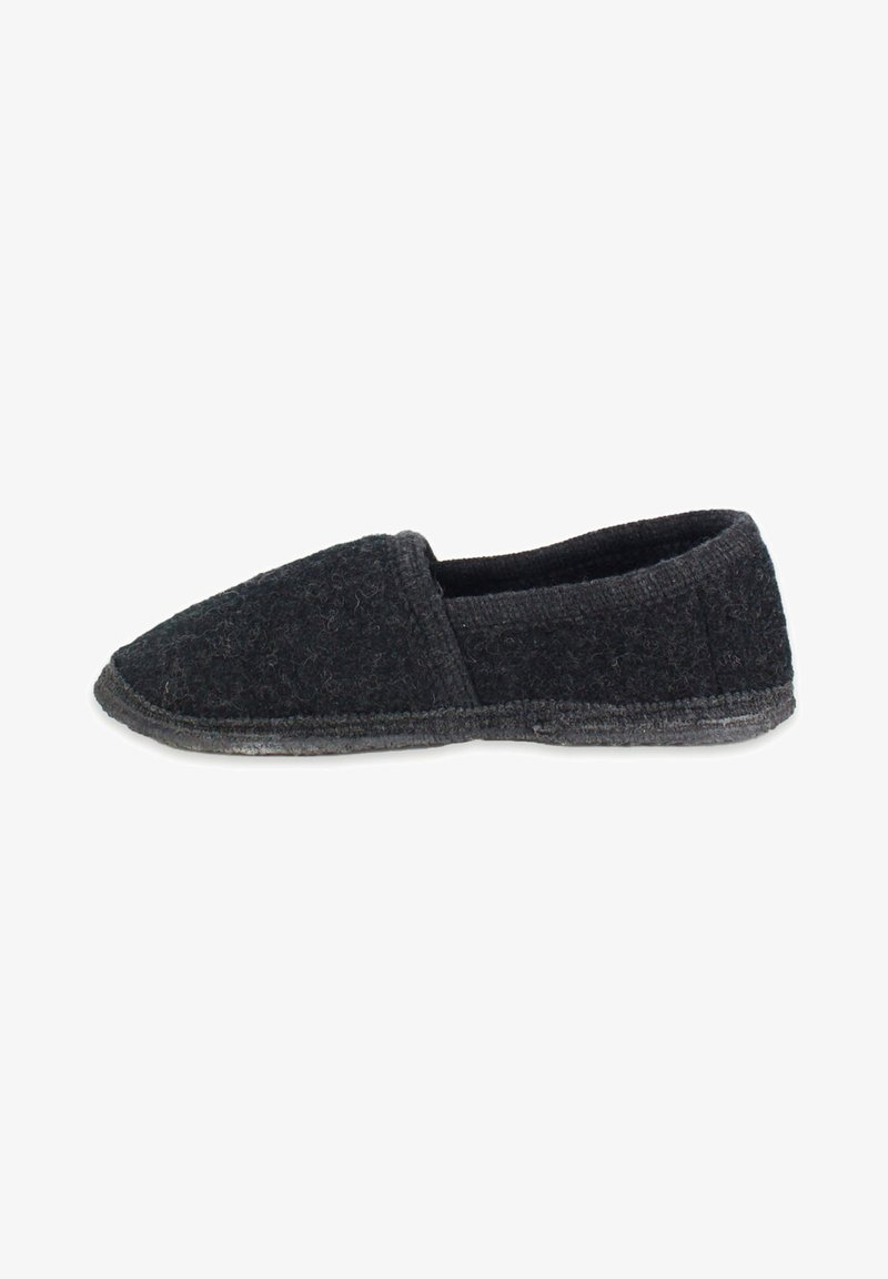 Gray felt slipper with a rounded toe and low-cut design. Features a textured fabric and contrast stitching along the sole.