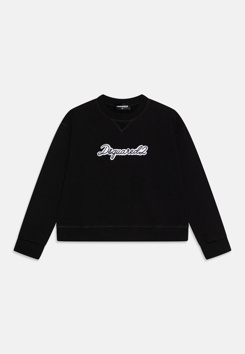 Svart hettegenser med rund hals, ribbestrikkede mansjetter og kant. Har en hvit broderte "Dsquared2" logo på forsiden. Mykt materiale, avslappet passform.